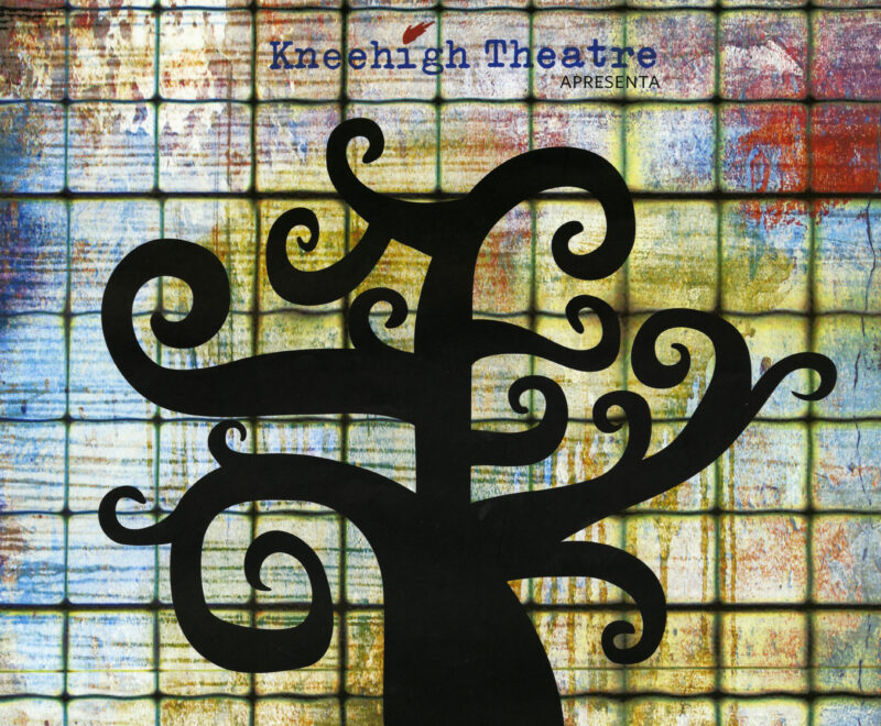 The image is a poster distributed as part of Kneehigh's performances of Cymbeline in Brazil. In the centre of the image is a large black silhouette of a tree. The tree does not have any leaves and its branches are arranged in swirls. The backdrop of the image is a multi-coloured wall of small square tiles. Above the tree in the centre of the image is the Kneehigh logo in a blue typewriter font. The bottom third of the image features the title 'Cymbeline' made up from small bright dots and other details about the date and time of the productions in Portuguese.