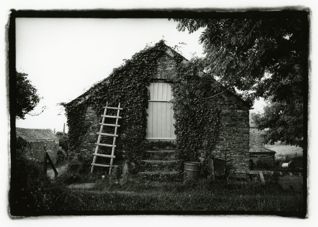 Black and white stylised photograph of an ivy-glad granite barn. Shows wooden ladder leaning against the building, and steps up to a two-part door.