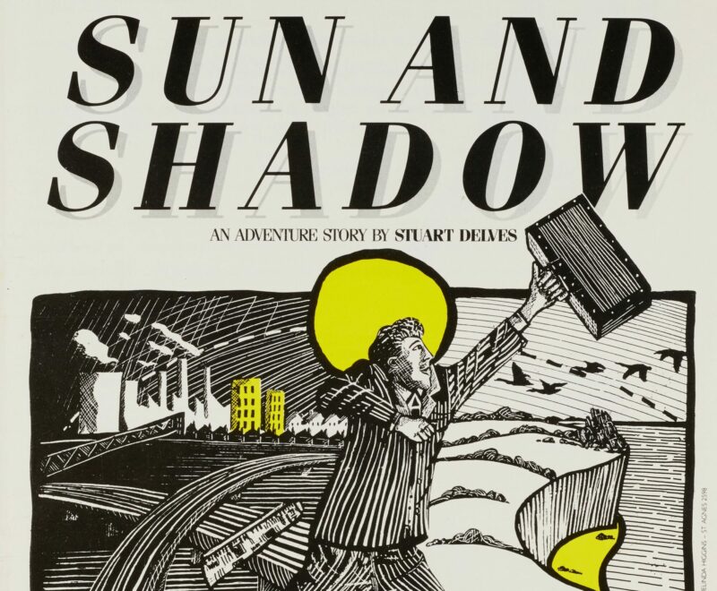 Vintage poster for 'sun and shadow,' an adventure story by stuart dines, presented by kneehigh, highlighting a figure holding a book with a dramatic landscape in the background.