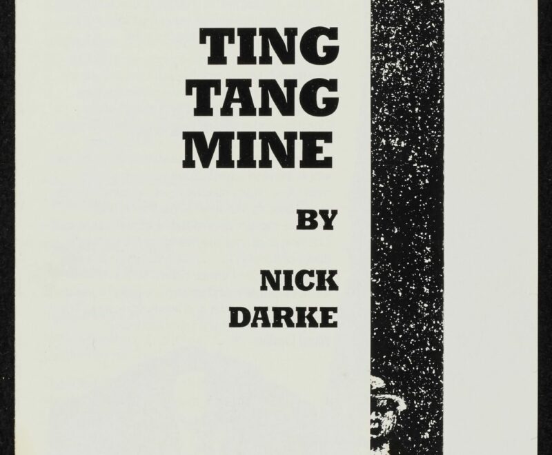 A tall thin portrait programme cover featuring a single full length illustration of a man facing the frame set against a night sky filled with stars. In the centre of the programme is large bold black text reading 'Ting Tang Mine by Nick Darke'. Smaller black text in the bottom left corner reads 'Have you ever been to Egypt? It's a short days walk that way. Have you never seen the Pharaoh King? Then set eyes on Jan May. Have you never seen a peacock? With its feathers in full fan? Then look across the river, and set your eyes on Jan. Have you never seen a jackass? Or heard its empty bray? Don't look any further, Eid'n far away...'