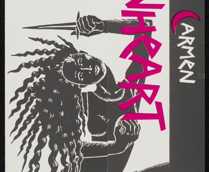 Image features a black and white illustration of a woman with spiked hair holding a dagger looking directly at the viewer. There are various small illustrations and shapes at her feet. The production title 'Ravenheart' is written vertically and sideways in a bold pink font. A dark grey banner at the right of the image has text reading 'The Story of Carmen'.