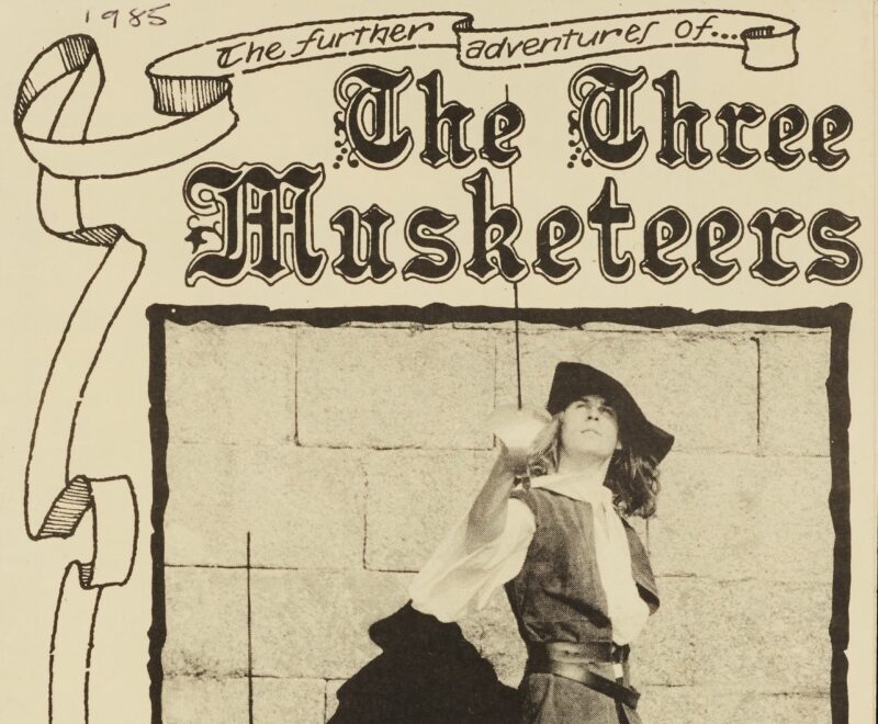 The three musketeers' theatrical poster featuring an actor in a swashbuckling pose, designed for the kneehigh theatre production.