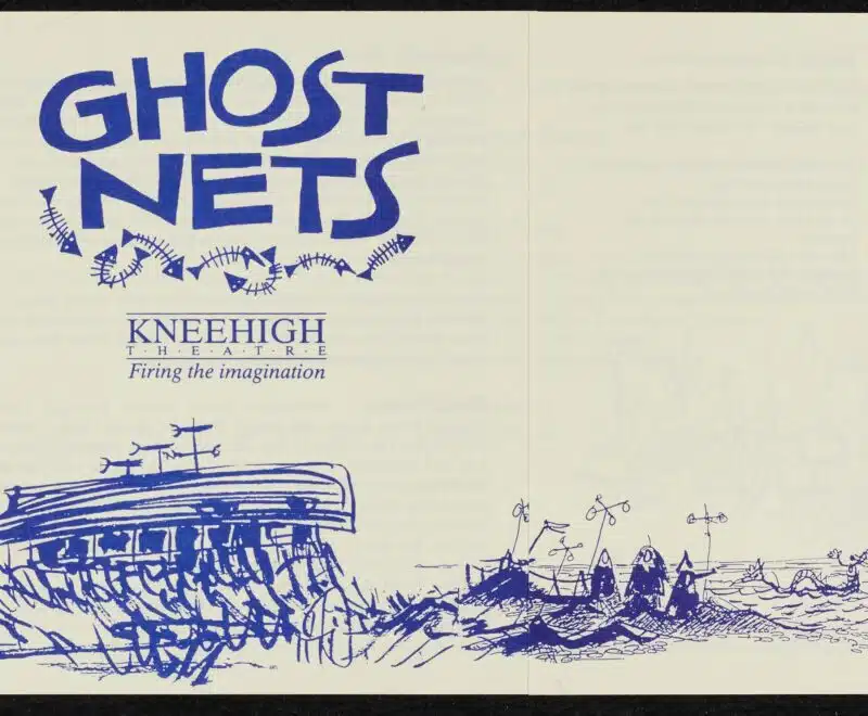 An illustrated image of a shipwreck on a beach beside three individuals in costumes. The illustrations have been drawn with a bright blue pen. The production title reading 'Ghost Nets' is presented in the top right in a bold blue font.