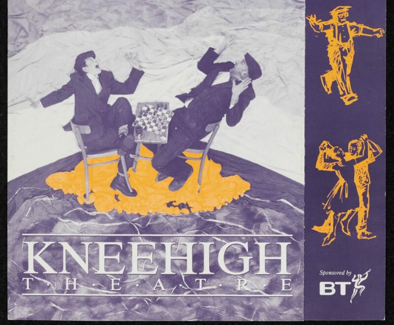 Image features a series of playful animations and production images in a bold yellow and purple colour scheme. The left hand side of the image features an edited image of a performer falling through the air holding onto a large banner. There are two individuals below the falling performer sitting at a small table looking up at the figure with worry. The production title 'Strange Cargo' is set against the banner in a thin purple font.
