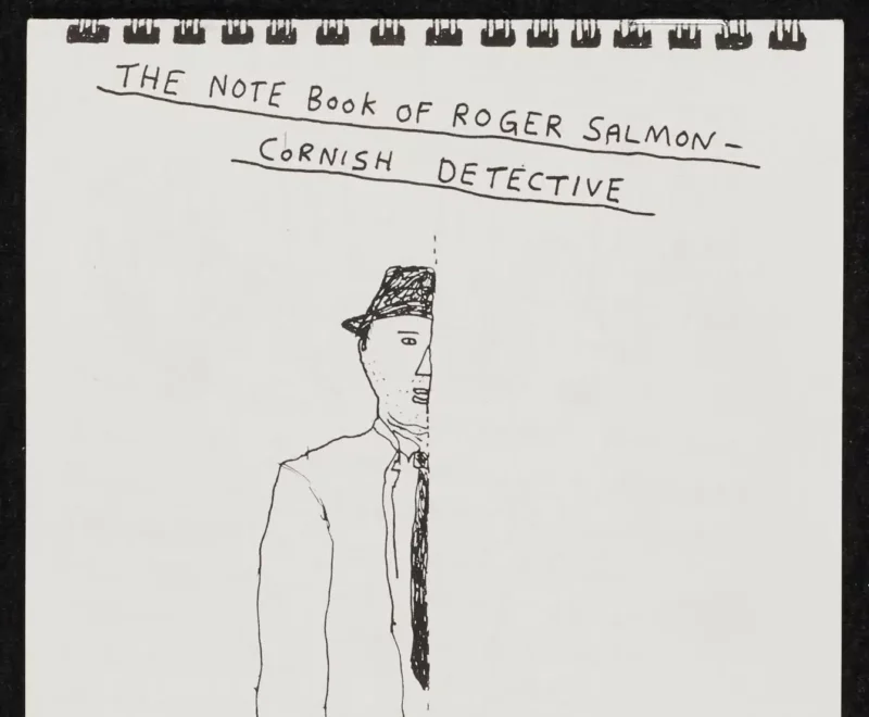 The image features a simple cartoon illustration of a man in a suit and hat against a white backdrop. Only half of the man is drawn as a dotted line runs vertically. Handwritten text reading 'The Note book of Roger Salmon Cornish Detective' is presented at the top of the image. There are small illustrations at the top of the page that make the page look like a page from a notebook.