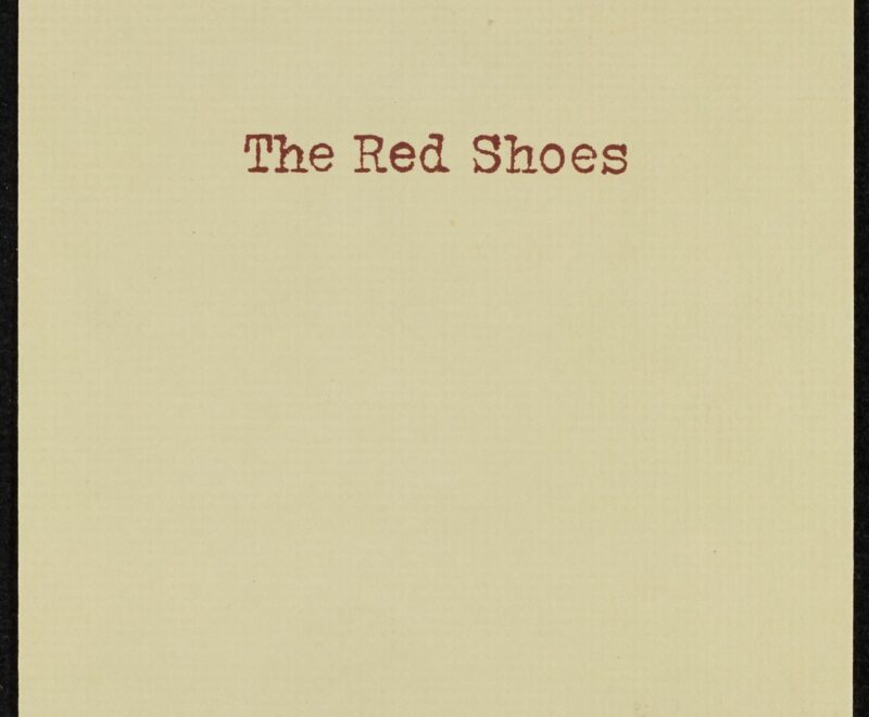 Image is a plain off white page featuring a minimalist Kneehigh logo in the bottom centre in a blue font. The production title 'The Red Shoes' is presented in a thin red font in the centre of the page.