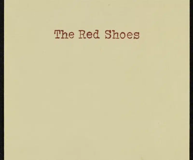 Image is a plain off white page featuring a minimalist Kneehigh logo in the bottom centre in a blue font. The production title 'The Red Shoes' is presented in a thin red font in the centre of the page.