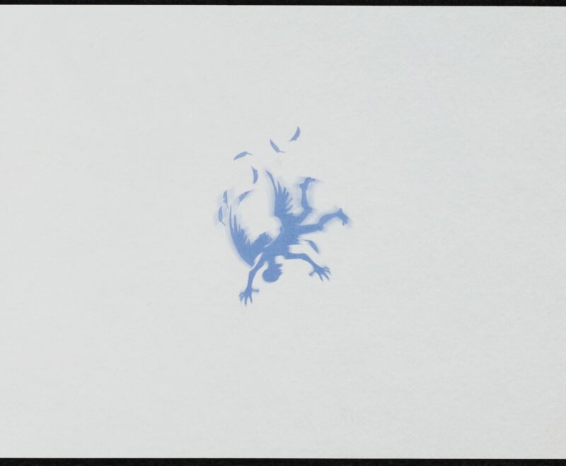 The image features a small blue illustration of a man with wings falling through the sky set against a plain white background.