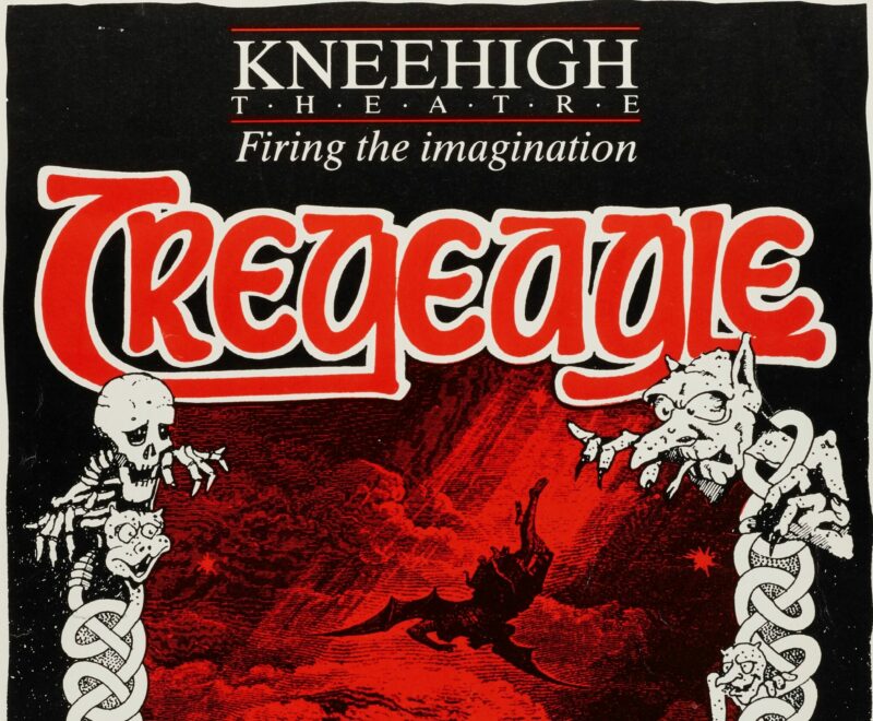 Image features a series of cartoon illustrations with a hellish theme. In the centre of the page is a image of a winged creature falling into a red abyss. There are more playful illustrations of skeletons and goblins to the left and right of the centre. The production title reading 'Tregeagle' is presented in a red cartoon font with a white border.