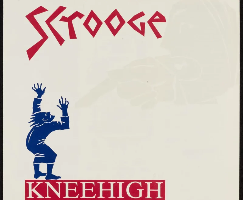 The image depicts a large illustrated ghost in the centre of the page covered in chains. The ghost is shown pointing at Scrooge with a firm expression. The production title 'Scrooge' is presented in a bold red font in the top centre. The Kneehigh Theatre logo is written in a red banner in the bottom left.
