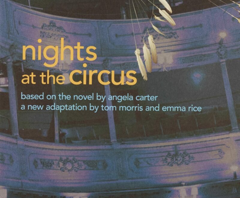 A portrait image of the inside of a theatre. A performer is featured in the top right of the image suspended from a rope swing upside down and facing the viewer. The production 'Nights at the Circus' is presented in a right yellow font. Smaller blue text reads 'a bristol old vic and lyric hammersmith co-production. Based on the novel by angela carter a new adaptation by tom morris and emma rice'.