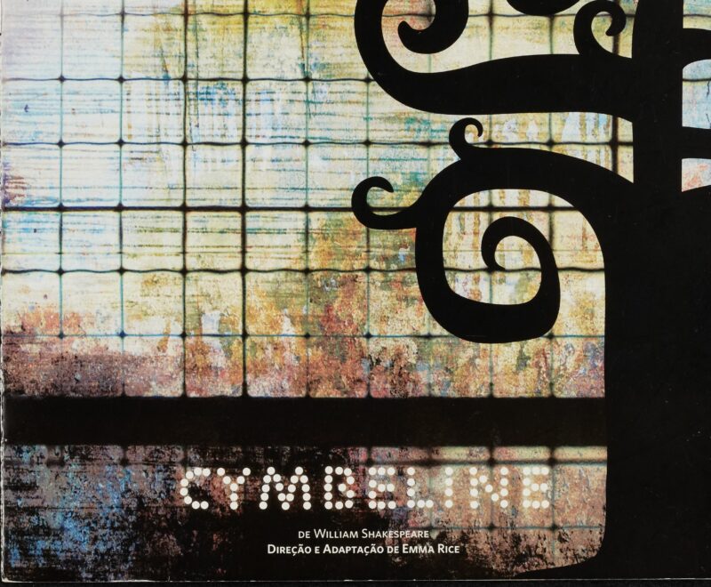 The image is a poster distributed as part of Kneehigh's performances of Cymbeline in Brazil. On the left of the image is a large black silhouette of a tree. The tree does not have any leaves and its branches are arranged in swirls. The backdrop of the image is a multi-coloured wall of small square tiles. Above the tree in the left of the image is the Kneehigh logo in a blue typewriter font. The bottom third of the image features the title 'Cymbeline' made up from small bright dots.