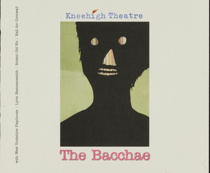 A cartoon illustration of a shadowy figure with rainbow cartoon eyes, nose and mouth. The image is placed in the middle of a beige background with the production title 'The Bacchae' in the bottom middle in a bold red text.