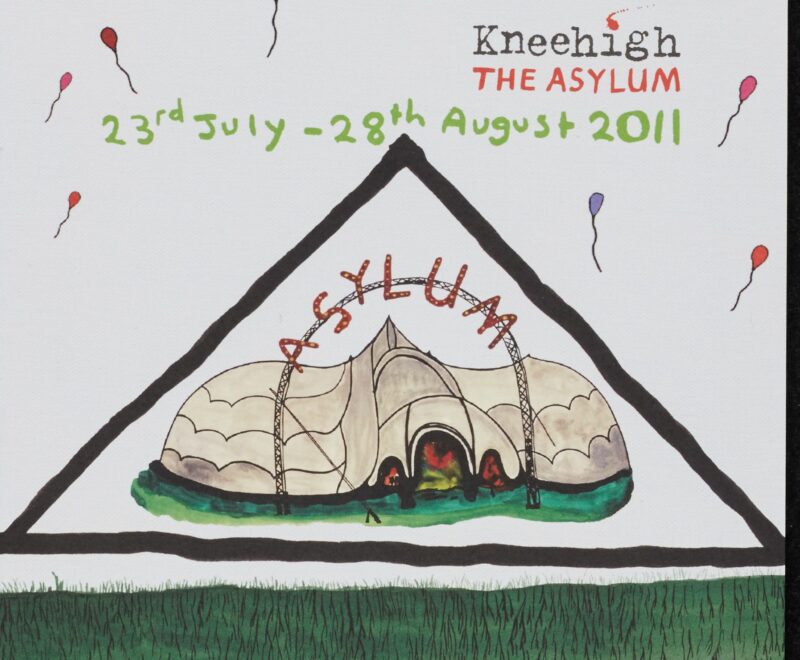 Image features cartoon illustrations of a white dome tent with a sig. reading 'ASYLUM' in red lights set against a white backdrop, Above the illustration are numerous colourful balloons and colourful text reading 'The Asylum 23rd July - 28th August 2011'. Below the illustration are various coloured lines.