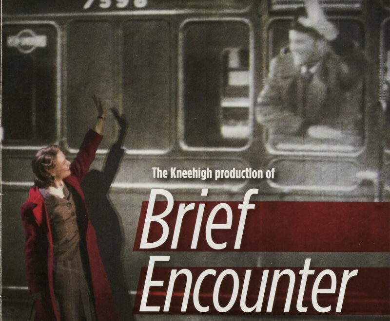The image features a performance photograph of a woman in the role of Laura waving to man on screen. The production title 'Brief Encounter' is presented in a bold white text set against a red banner.