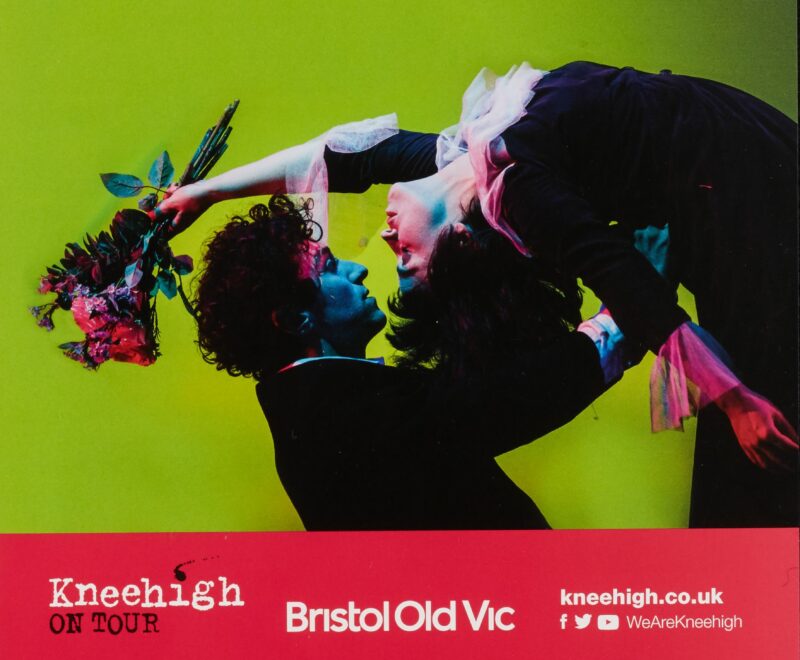 Image features an image of two performers, one male and one female, in a dance pose set against a bright green background. Bright white text reading 'The Flying Lovers of Vitebsk' is placed above the text. Smaller black text below the title reads 'Written by Daniel Jamieson Directed by Emma Rice'. There is a bright red banner of on the bottom of the image featuring the logos of Kneehigh Theatre and the Bristol Old Vic in a white text.