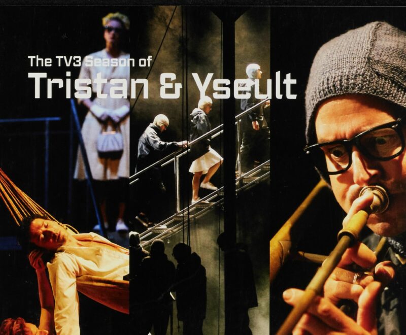 The cover features a collage of production images from Tristan and Yseult. The right hand side of the screen features a musician playing a trumpet. The middle image features three characters walking up a staircase. The left image features an individual lying down on stage.