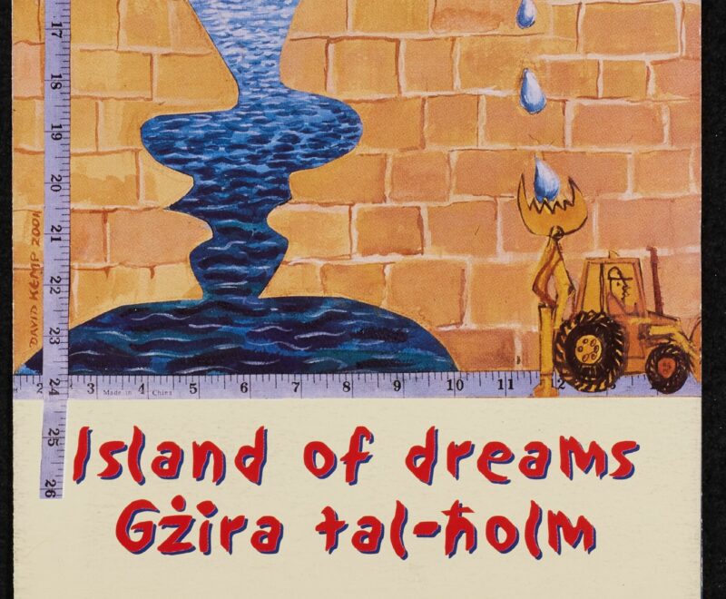 Features colourful illustrations of the heads of two stone figures set against an ocean backdrop. The production title 'Island of Dreams' is presented in a red font on the bottom half of the page. Logos ofr the Polidano Group, The British Council and the Birgu Local council are depicted along the bottom of the page.